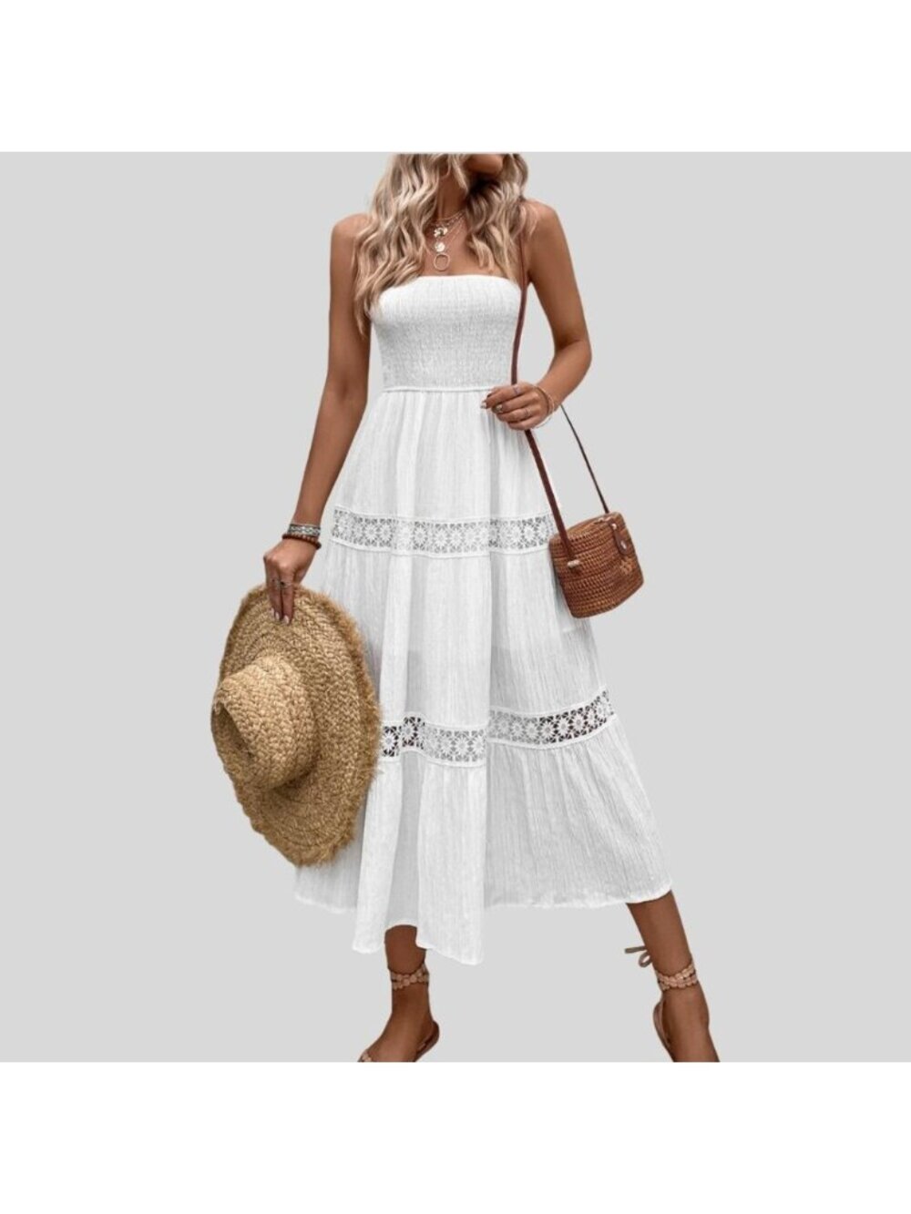 Boho Lace Insert Shirred Tube A-Line Dress White - Picture 3 of 9
